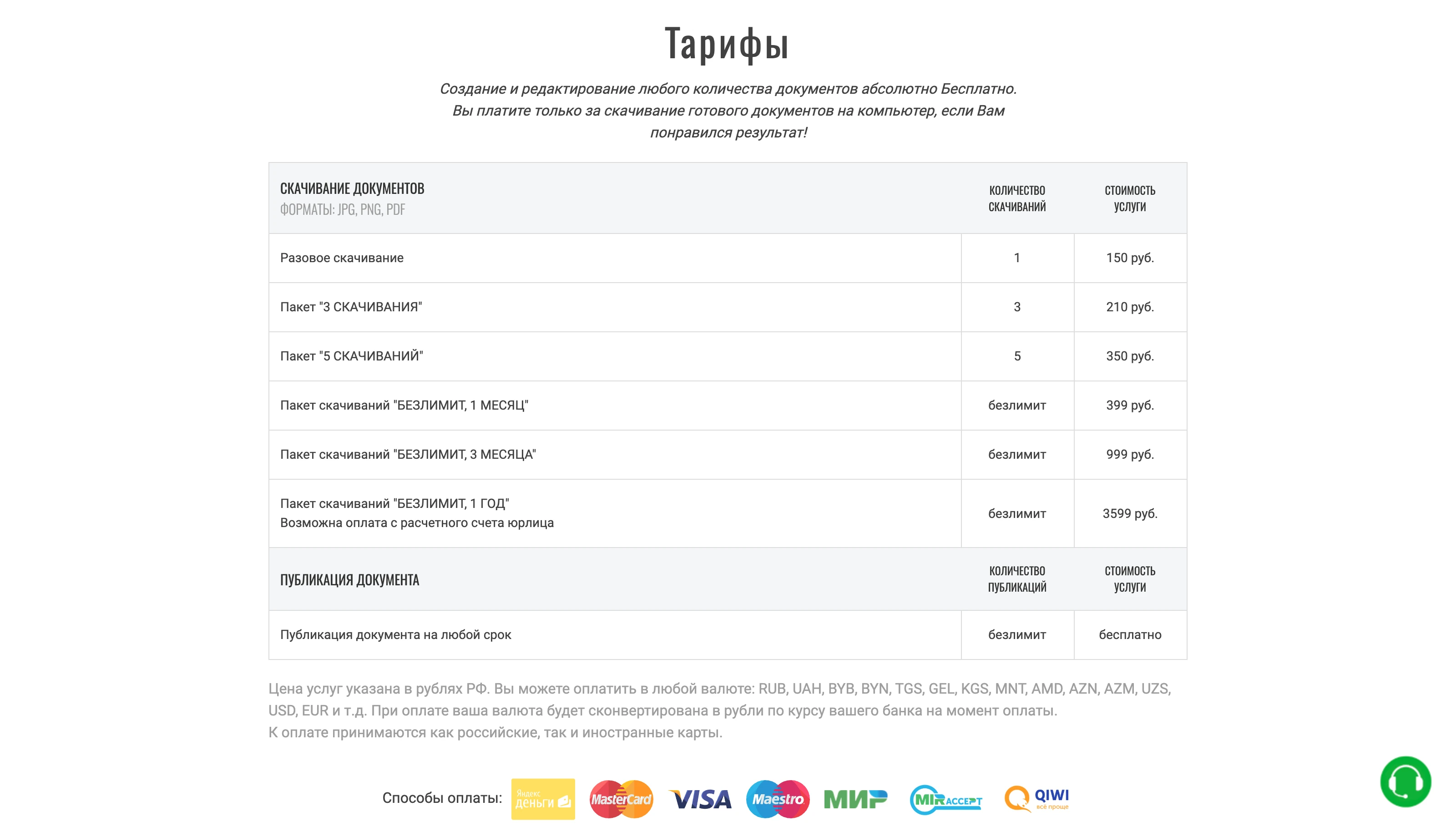 Страница тарифов Wilda: разовое скачива